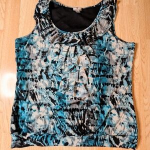 Worthington Teal and Black Patterned Ruffle Blouse